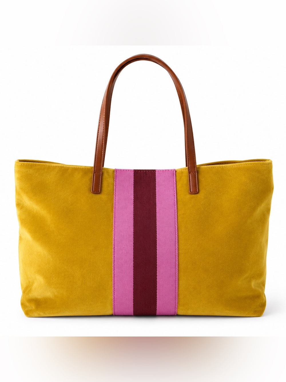 Neiman Marcus Mustard Yellow Suede Tote with Pink & Burgundy Center Stripe